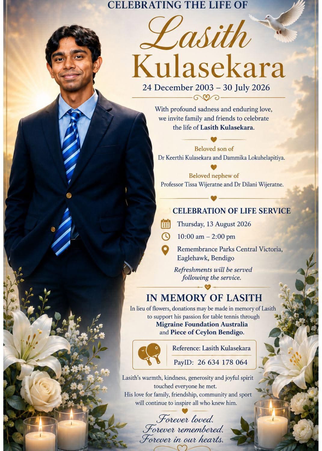 Lasith Kulasekara Bendigo, Australia Death-Obituary: Funeral Arrangements Announced For Lasith Kulasekara Has Been Announced